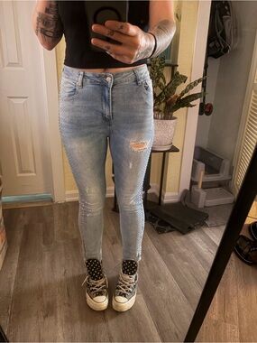 Light Blue Skinny Jeans with Rhinestone Accents - Women